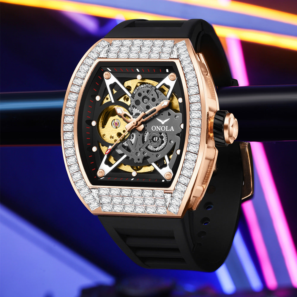 Men's Fashion Square Diamond Live Broadcast Hollow Automatic Mechanical Watches