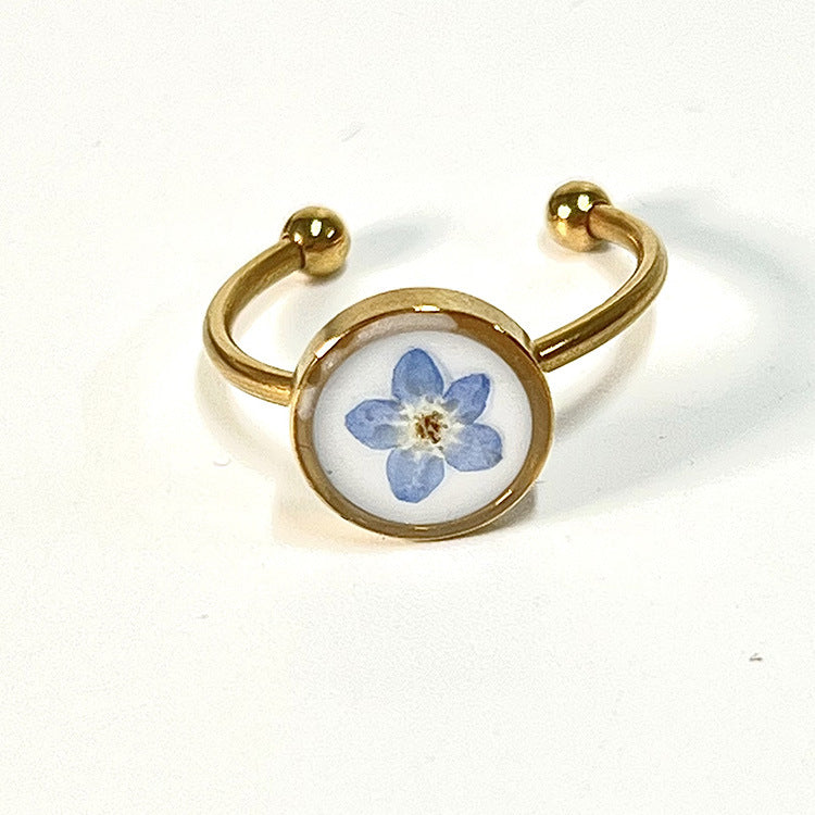 Natural Myosotis Dried Flower Stainless Steel Rings
