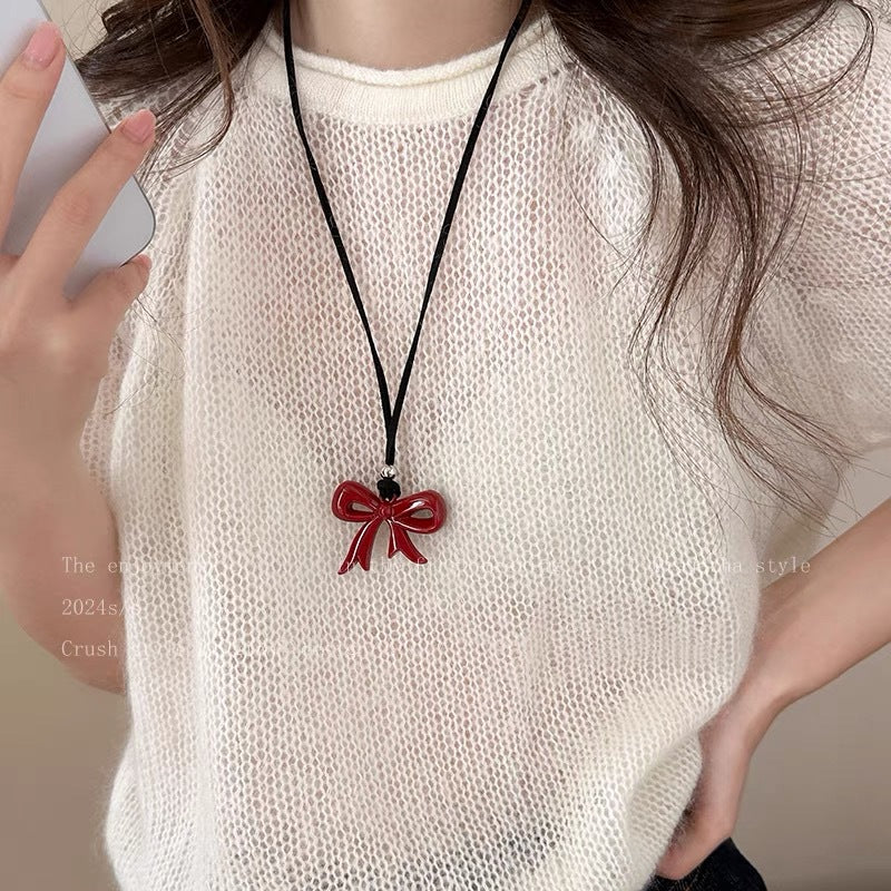 Women's Red Bow Minimalist Sweater Chain Minority Black Leather Necklaces