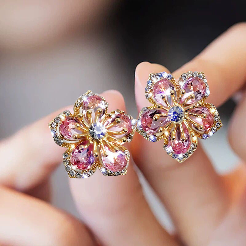 French Style High-grade Cherry Blossom Petal Diamond Elegant Earrings