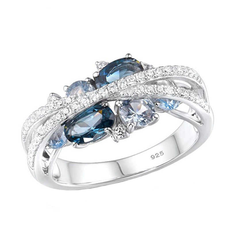 Fashion X-shaped Hollow Jeweled Blue Zircon Rings