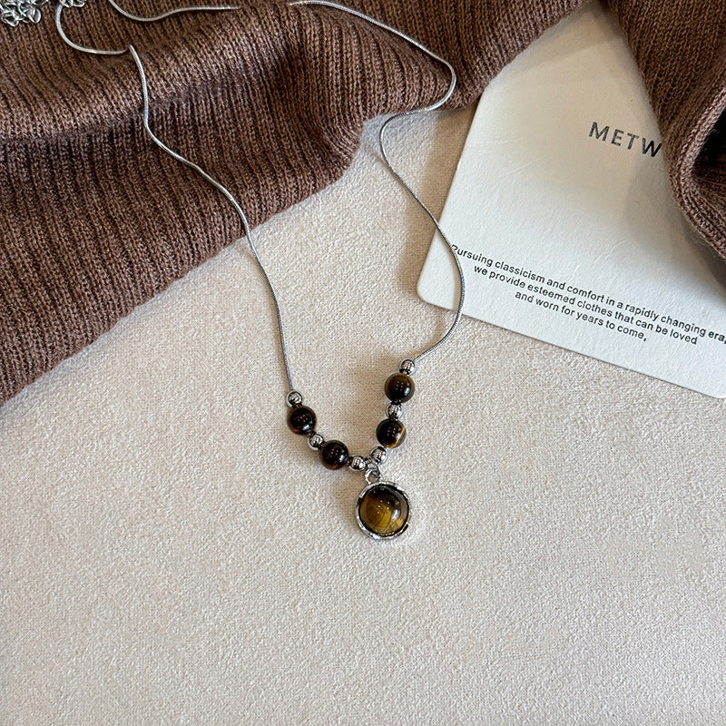 Women's Style Leather Tiger Eye Simple Sweater Chain Necklaces