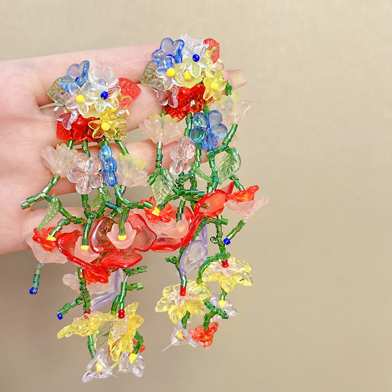 Women's Dopamine Beaded Flower Crystal Colored Glaze Earrings
