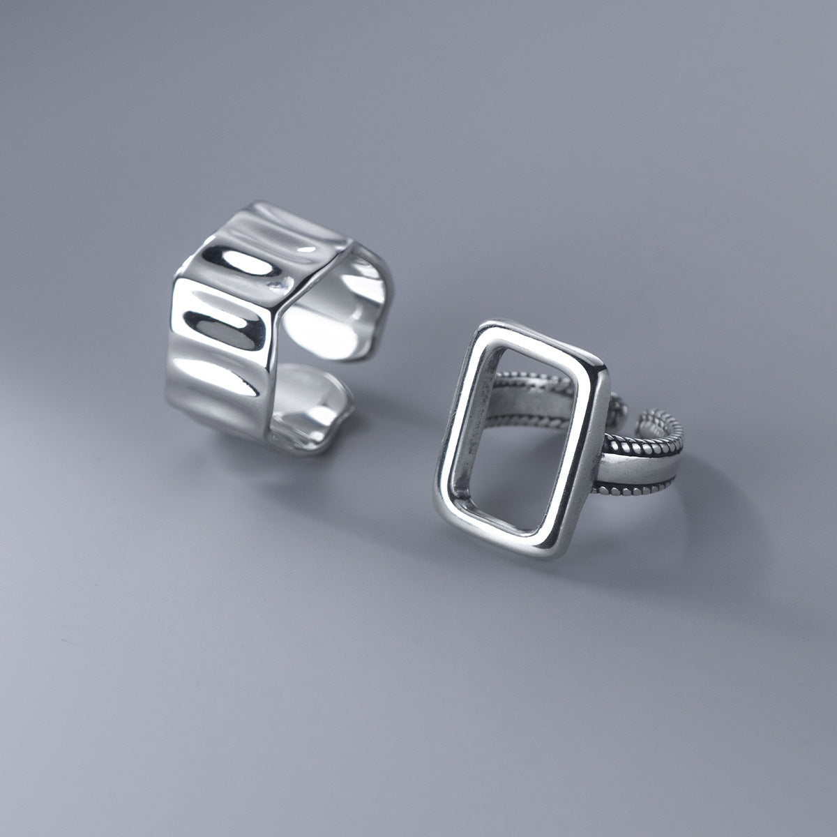 Women's Geometric Thai Rectangular Fence Distressed Hollow Rings