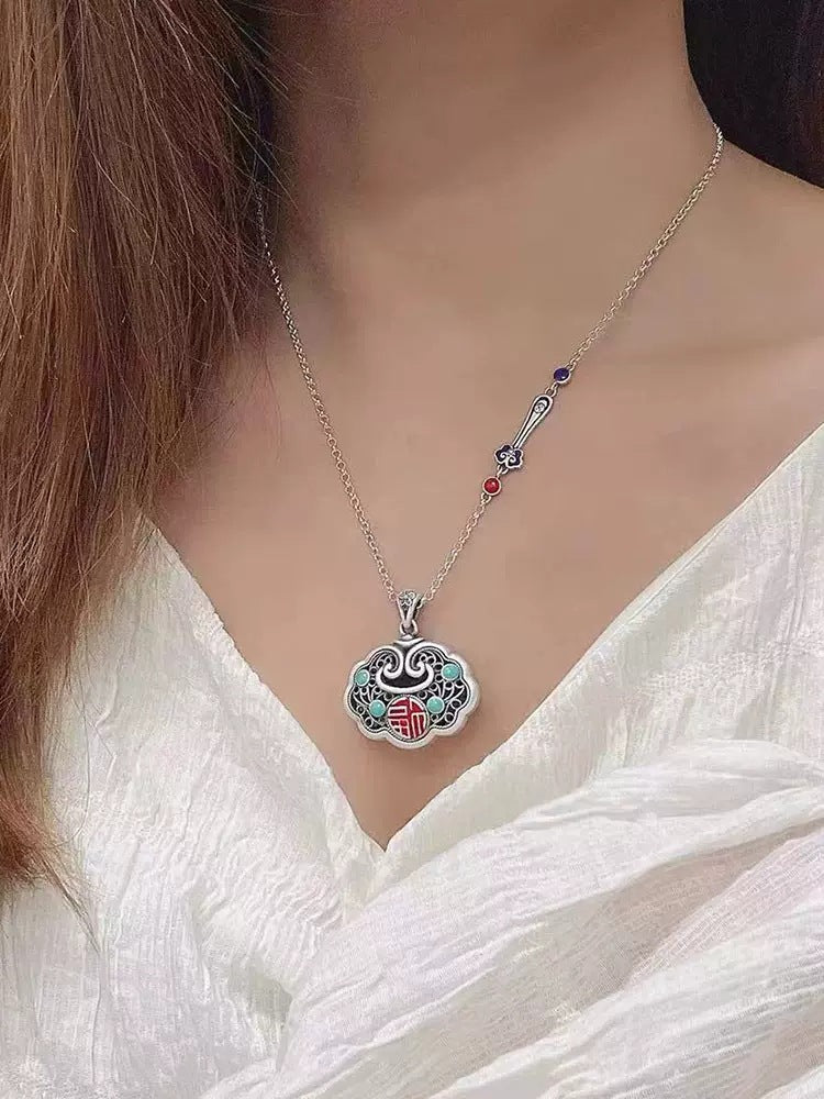 Sterling Sier Fu Character Longevity Lock Vintage Necklaces