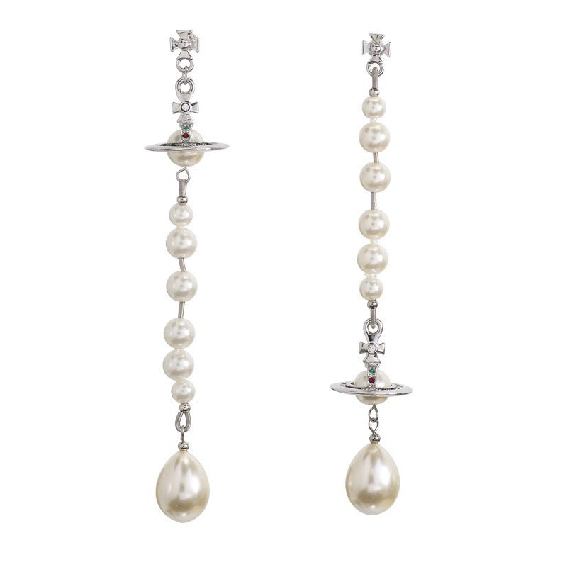 Women's Lettering Asymmetric Broken Pearl Three-dimensional Saturn Earrings