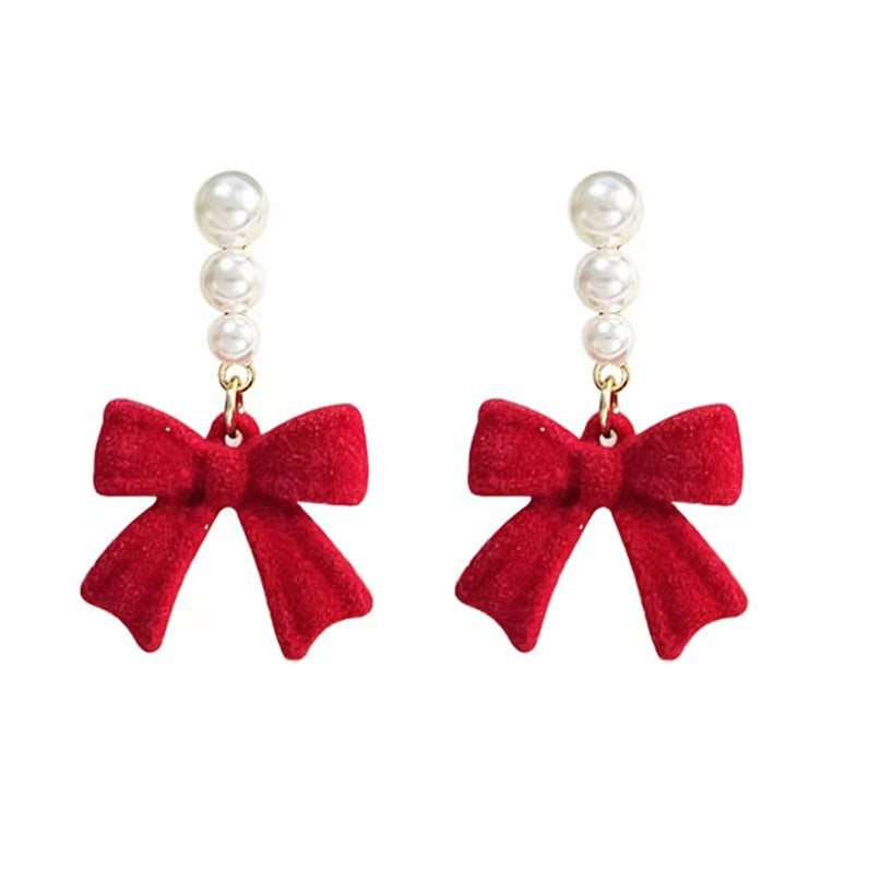 Red Black Bow Pearl Plush Light Earrings