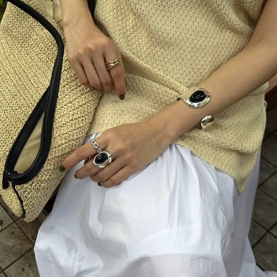 Women's Ma Obsidian Open Wide Face Chinese Rings
