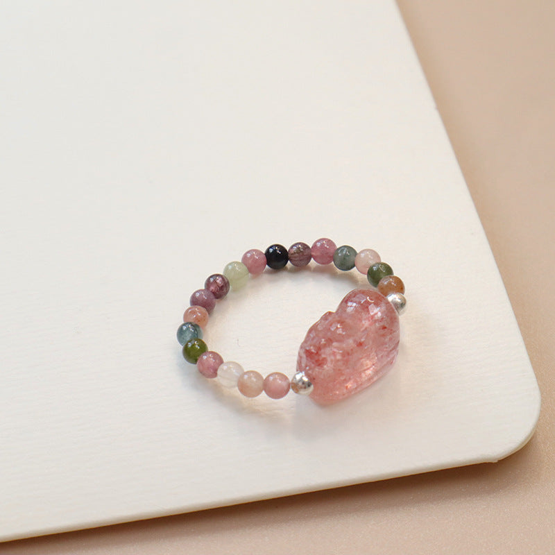 Tourmaline Sterling Sier Chinese Style Strawberry Quartz Charm Elastic Rings