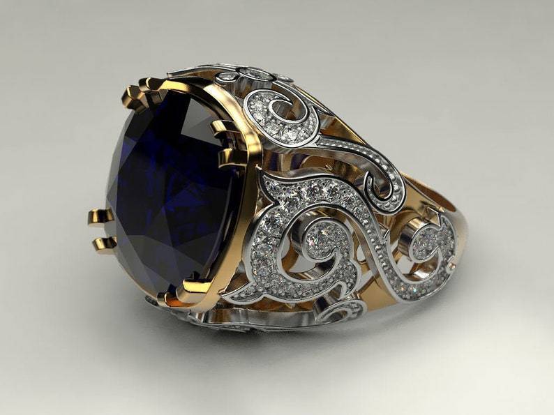 Blue Fat Square Gem Two-color Pattern Rings