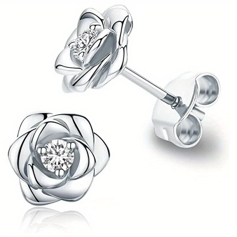 Gold White Zircon Rose Lady Temperament Earrings