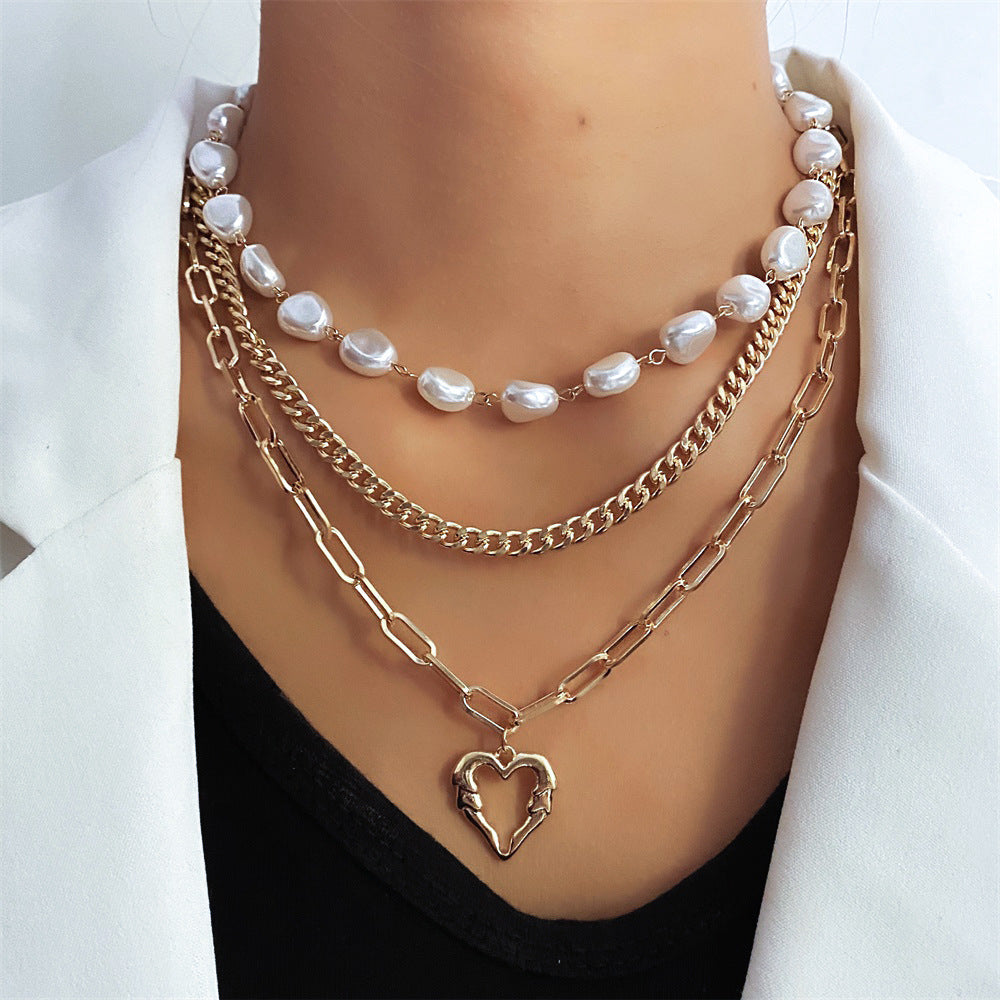 Women's Fashion Retro Love Heart Pearl Gold Twin Clavicle Necklaces