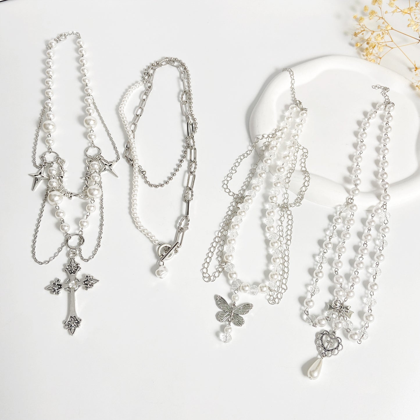 Women's Imitation Pearl Tassel Love Cross Butterfly Necklaces