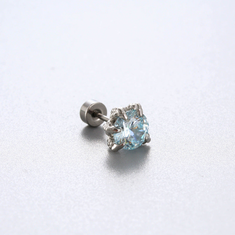 Sea Blue Zircon Couple Ear Bone Pin Titanium Earrings