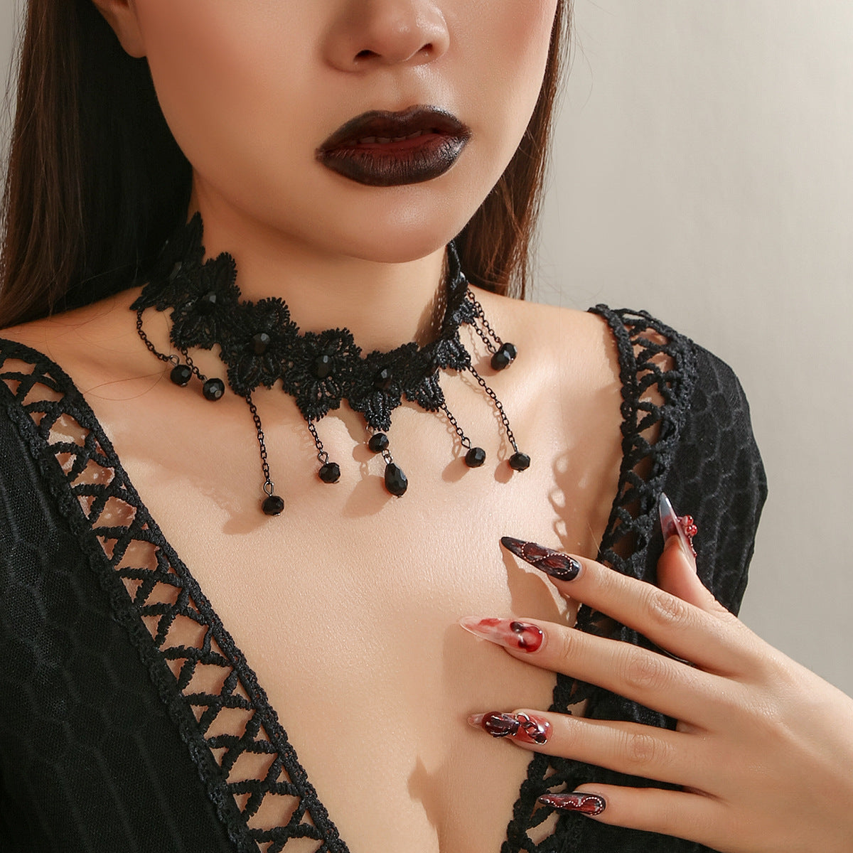 Halloween Dark Lace Crystal Tassel Rose Lolita Necklaces