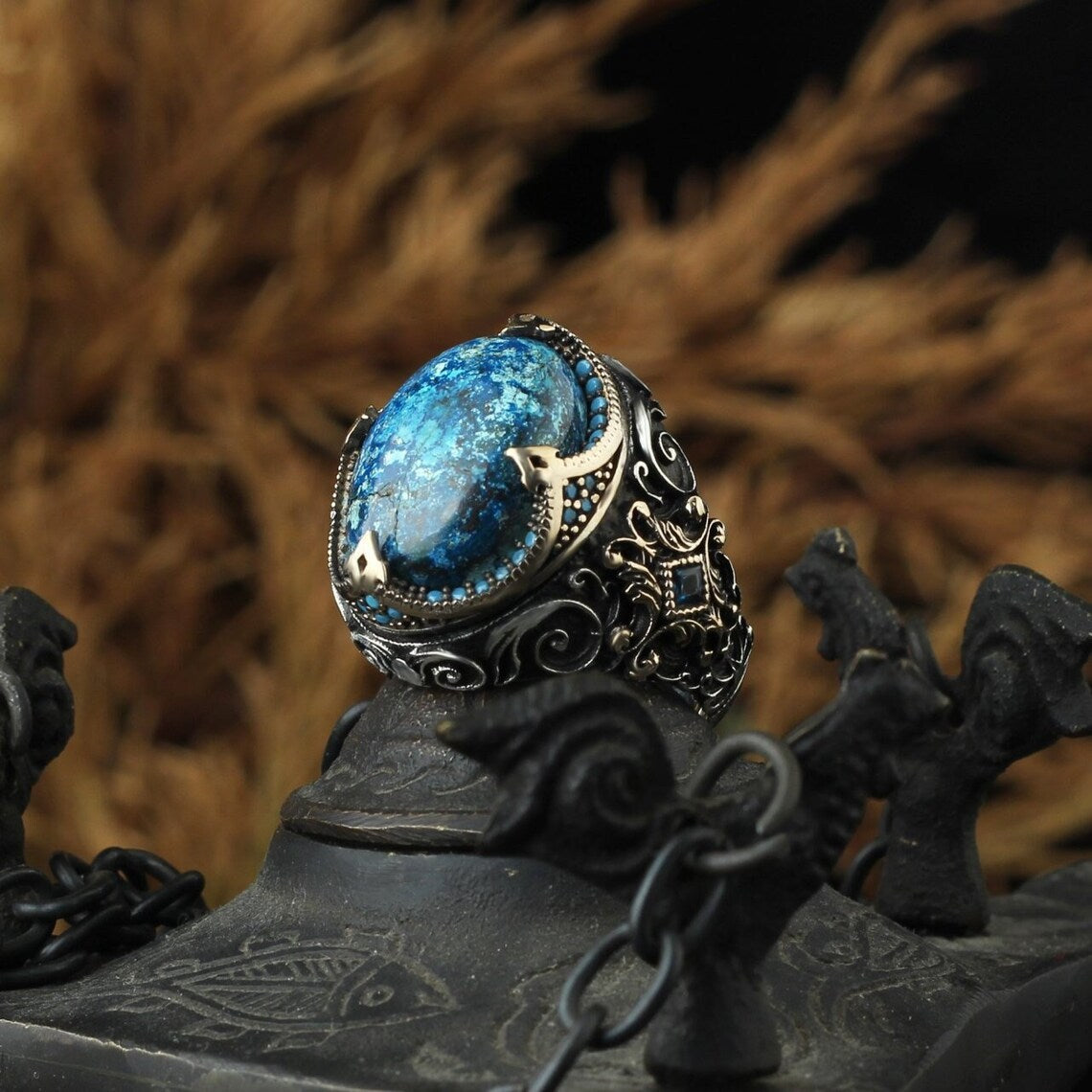 Men's Artisan Diamond Blue Carvings Vintage Rings