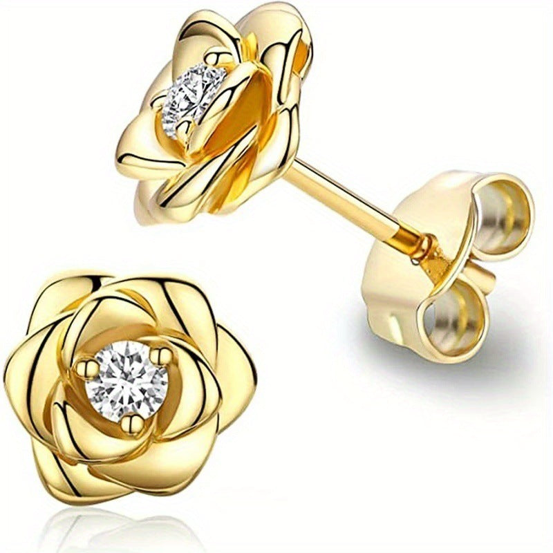 Gold White Zircon Rose Lady Temperament Earrings