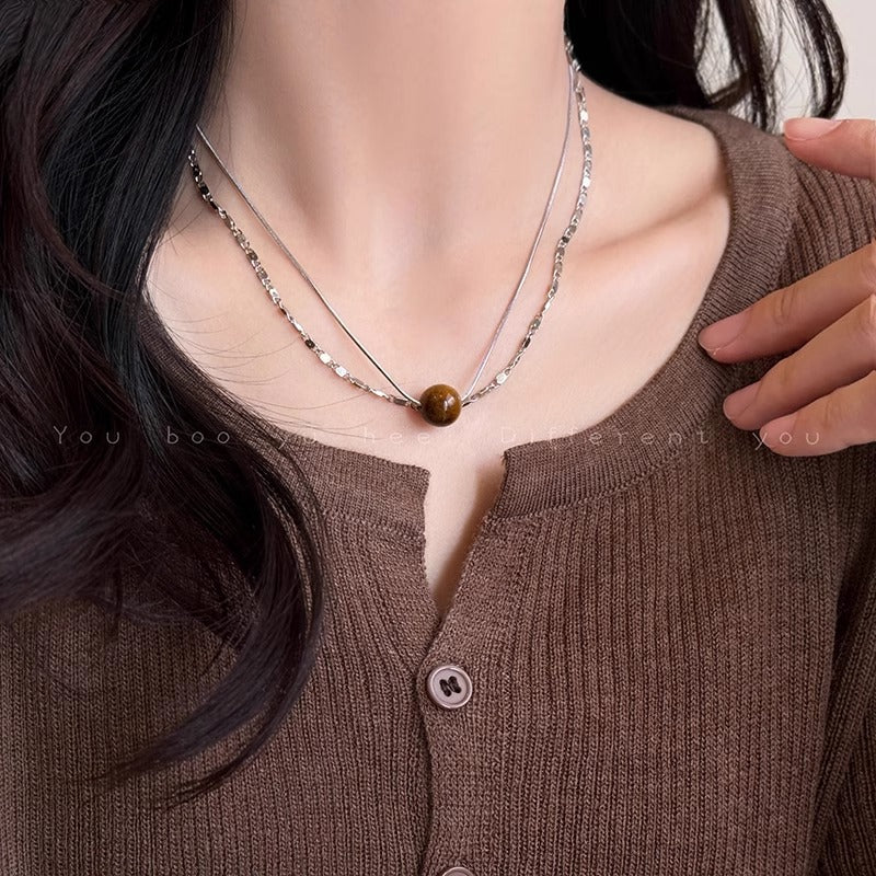 Women's Style Leather Tiger Eye Simple Sweater Chain Necklaces