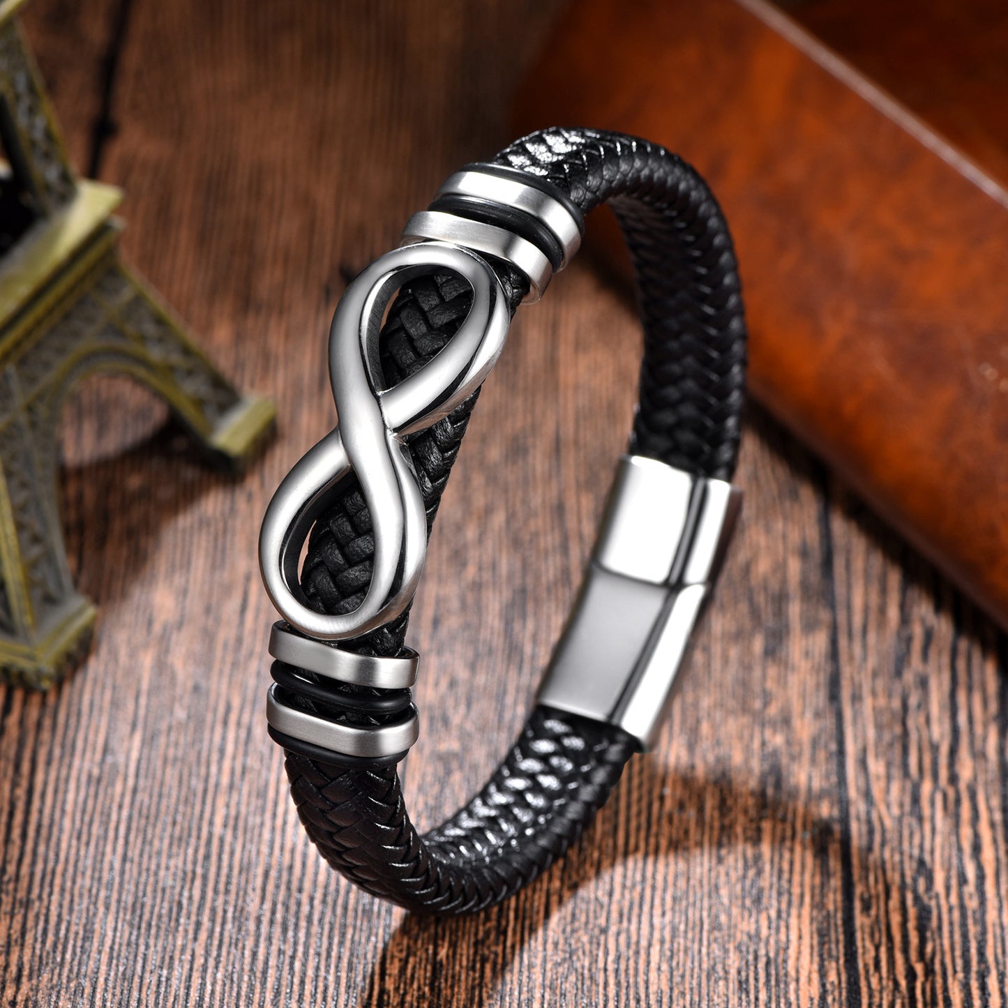 Men's Ornament Woven Leather String Stainless Steel Infinite Bracelets
