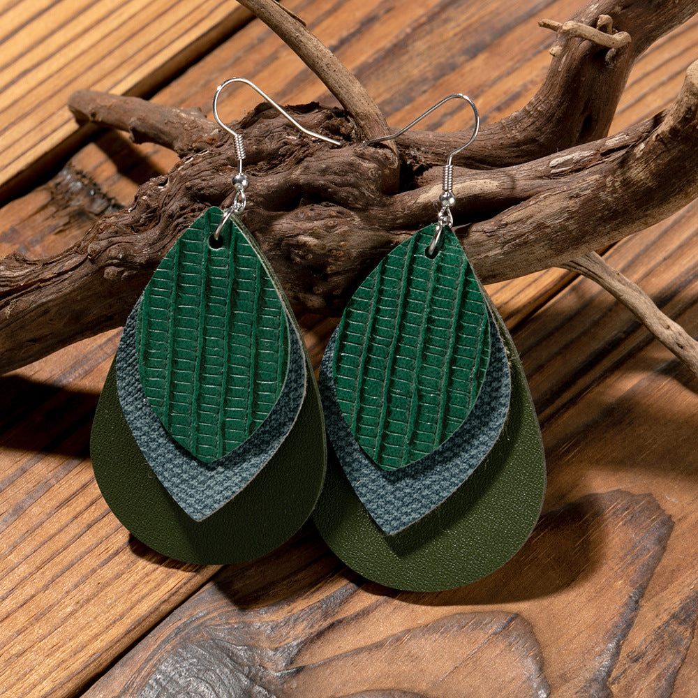 Retro Fashion Water Drop Leaf-shaped Leather Earrings
