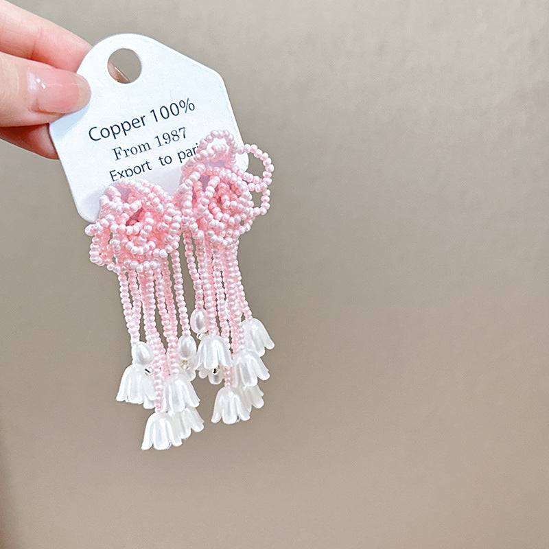 Women's Dopamine Beaded Flower Crystal Colored Glaze Earrings