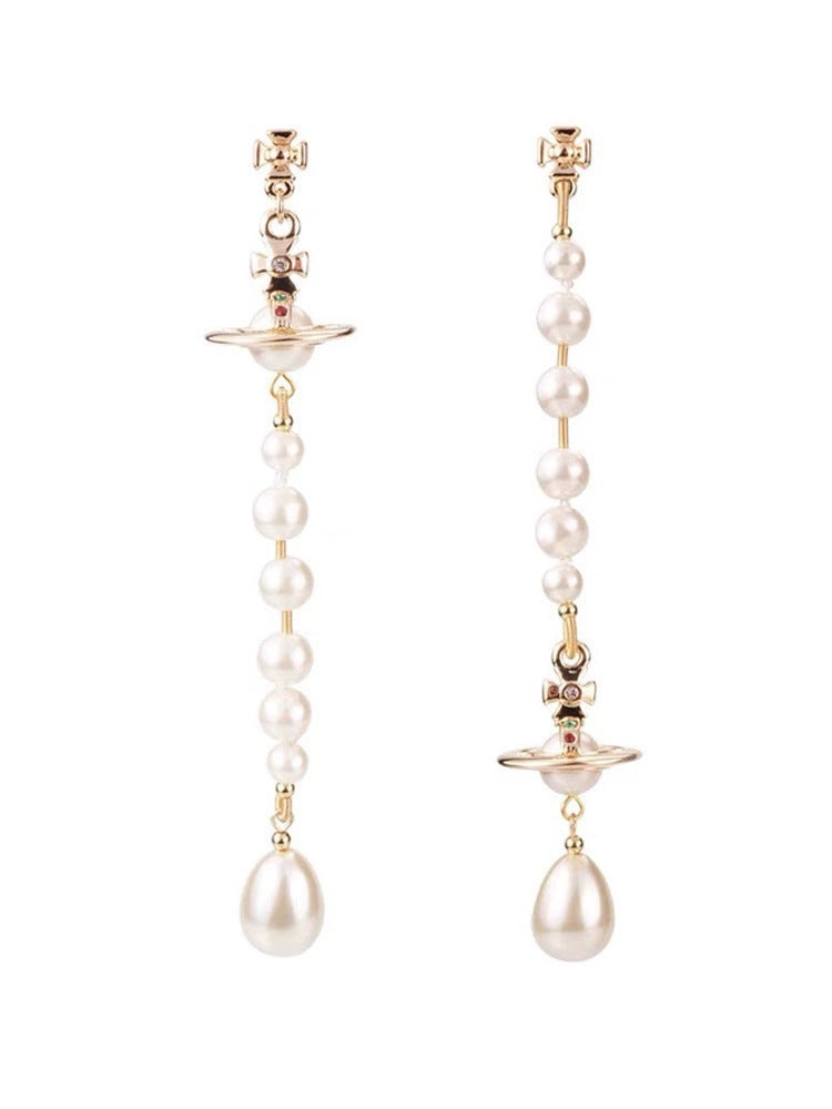Women's Lettering Asymmetric Broken Pearl Three-dimensional Saturn Earrings