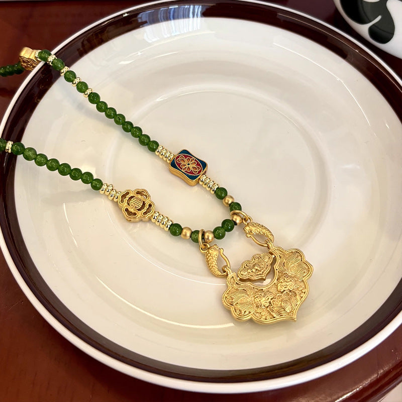 Women's Agate Pearl Long Koi Safety Lock Necklaces