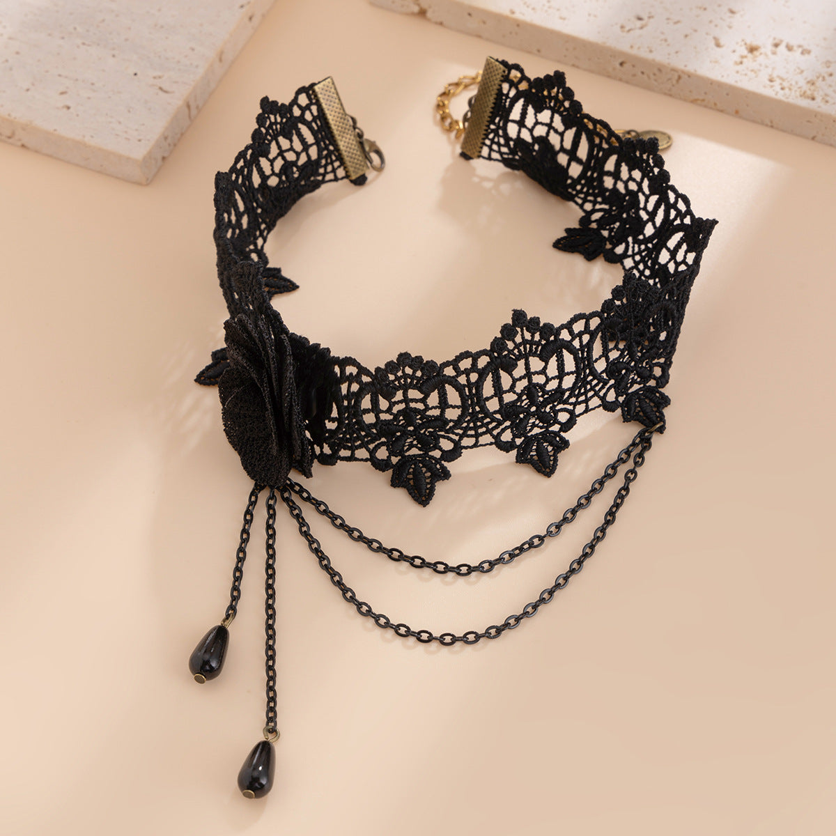 Halloween Dark Lace Crystal Tassel Rose Lolita Necklaces