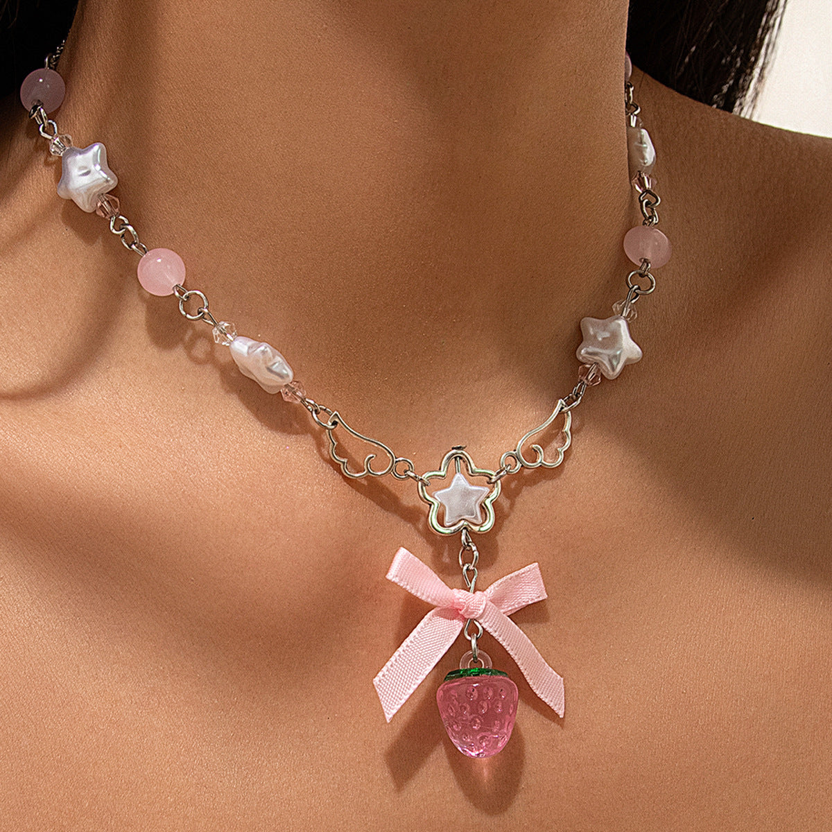 Sweet Style Bow Strawberry Simple Imitation Pearl Necklaces