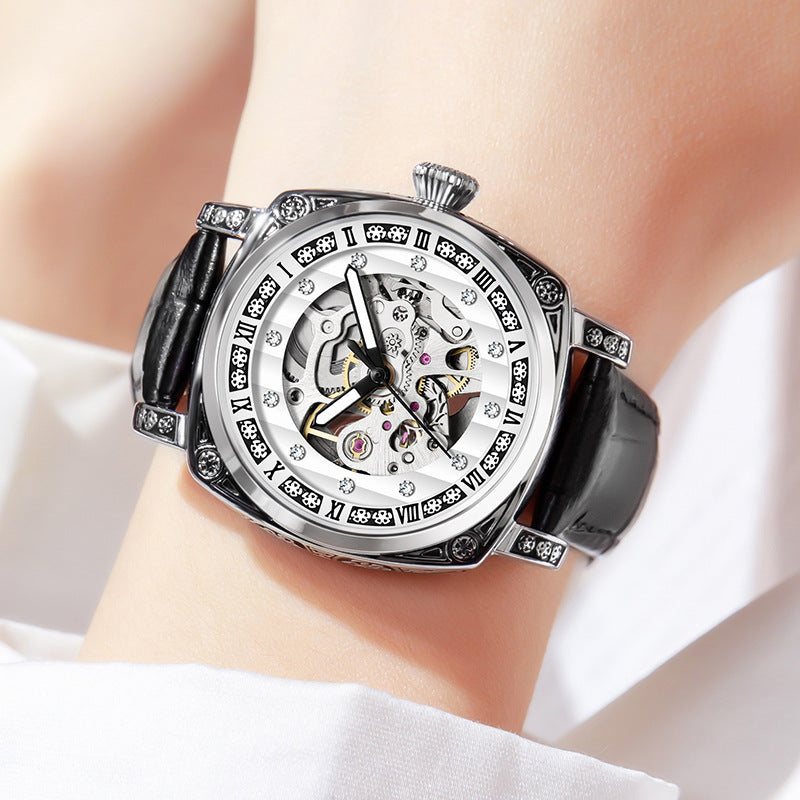 Men's Fashion Trend Carved Diamond Leather Needles Mechanical Watches