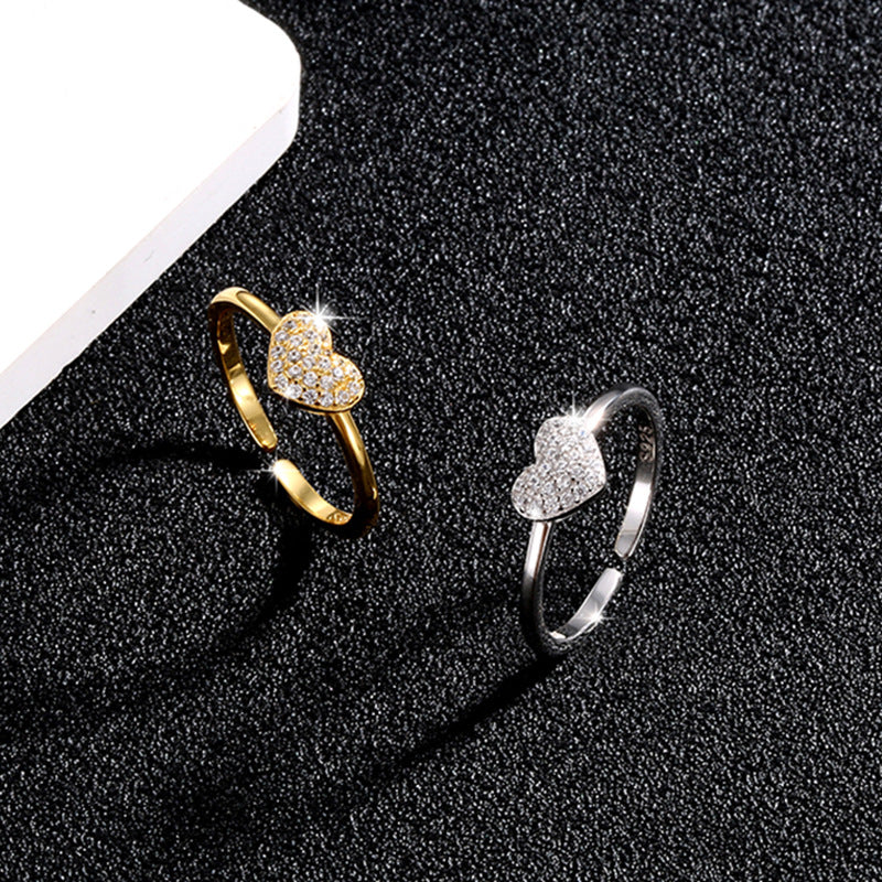Women's Heart-shaped Sterling Sier Sweet Rhinestone Heart Rings