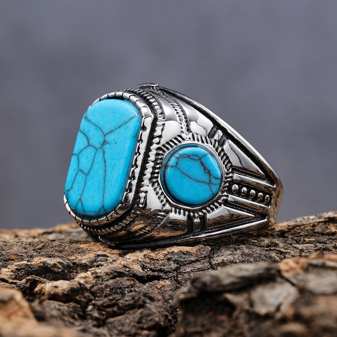 Men's Stainless Steel Fashion Retro Three-sided Blue Rings