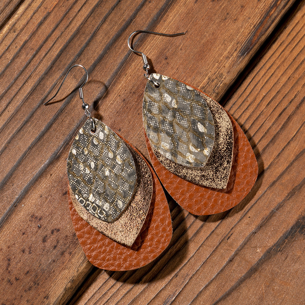 Retro Fashion Water Drop Leaf-shaped Leather Earrings