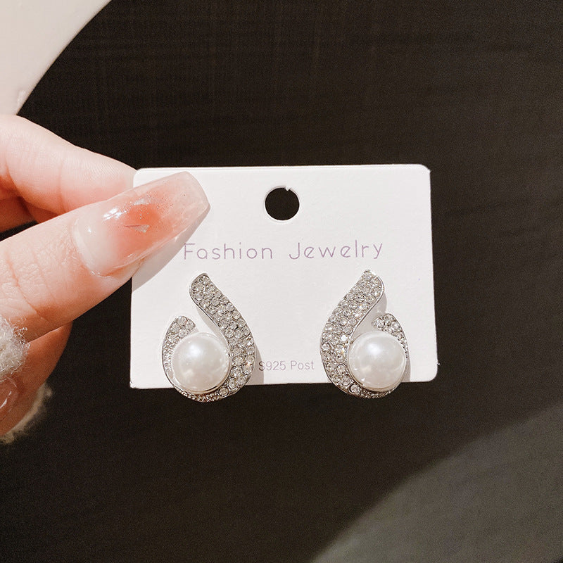 Fashion Life Love Sier Pearl Diamond Water-drop Eardrops Earrings