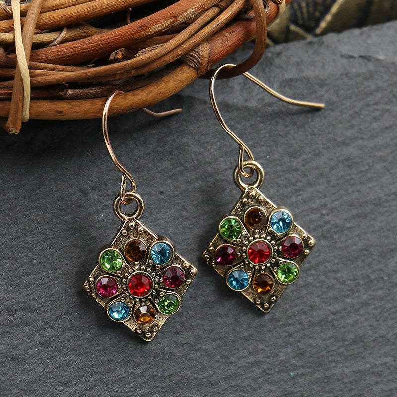 Metal Alloy Suit Vintage Color Diamond Flower Earrings