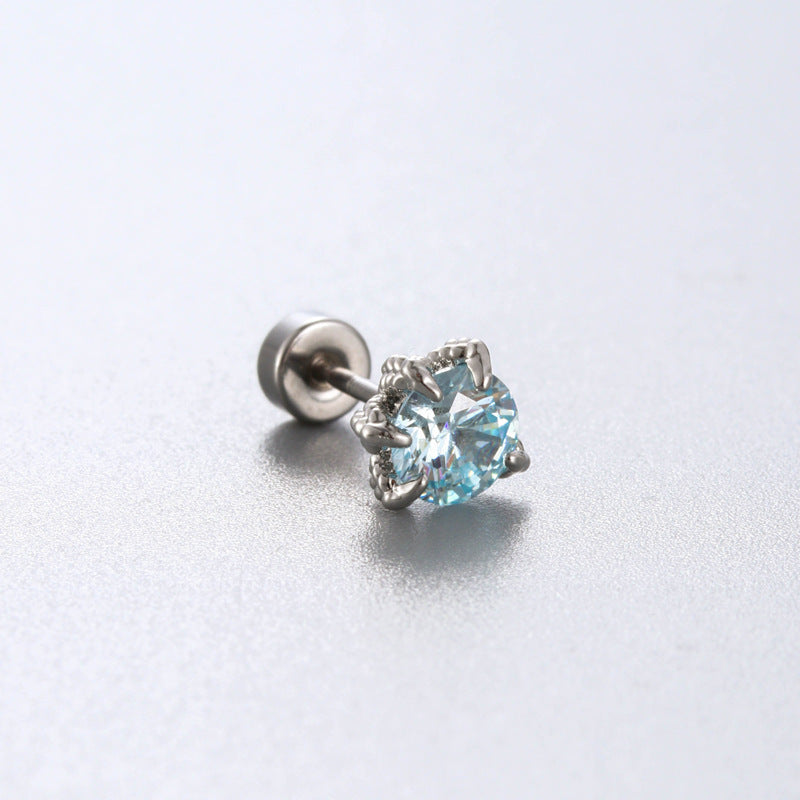 Sea Blue Zircon Couple Ear Bone Pin Titanium Earrings