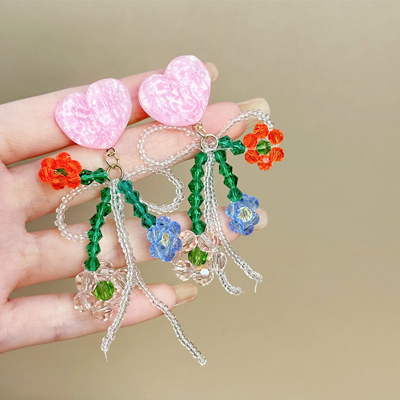 Women's Dopamine Beaded Flower Crystal Colored Glaze Earrings