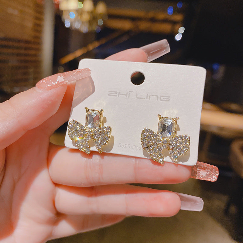Full Diamond Bow Crystal Eardrops Dignified Sense Earrings