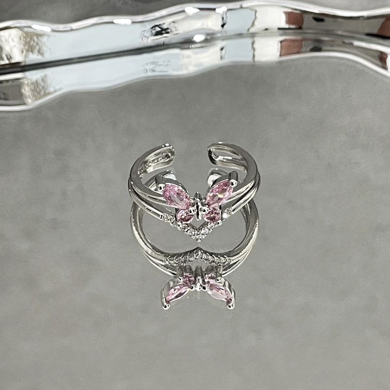 Sweet Cool Simple Graceful Pink Diamond Butterfly Opening Rings