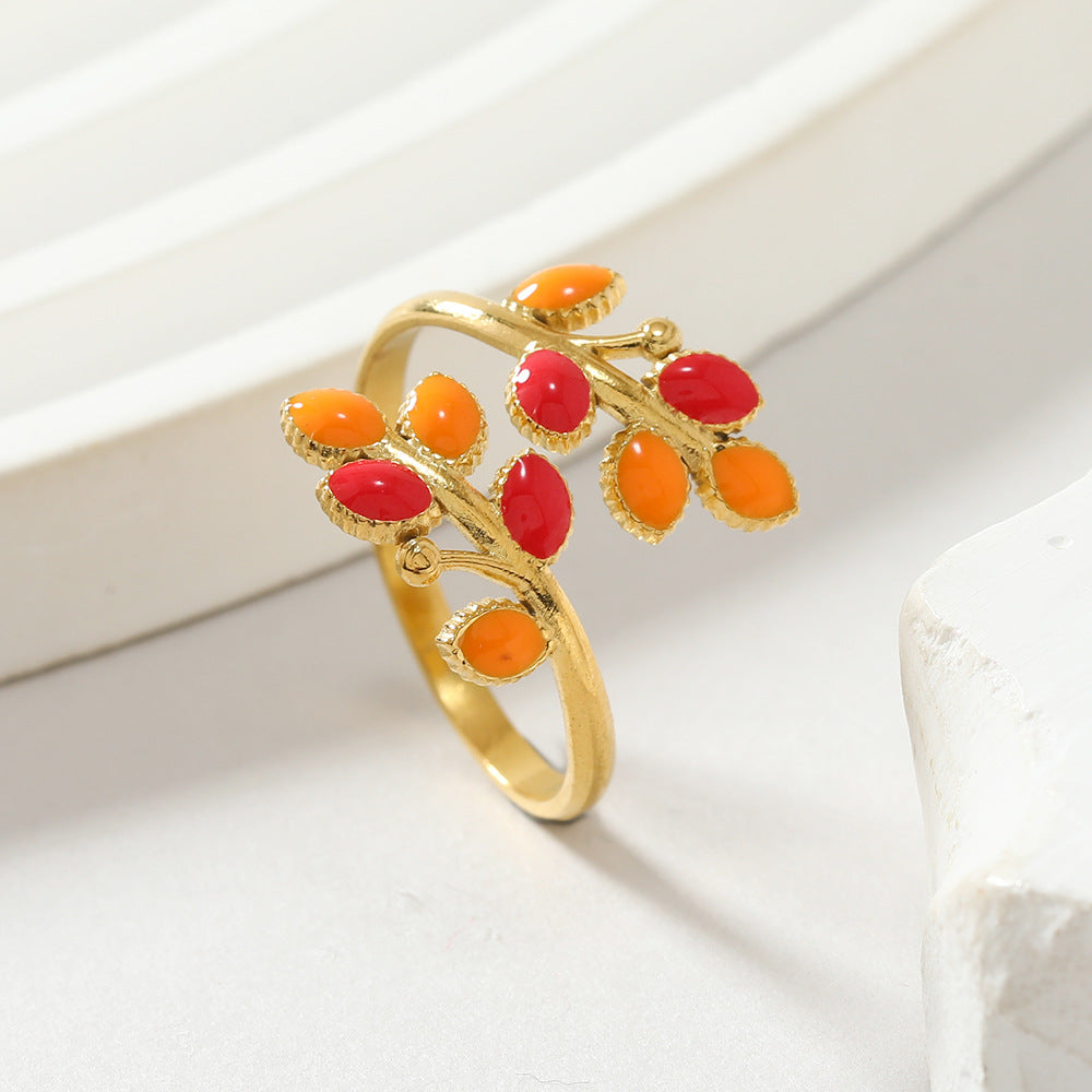 Ornament Oil Pressure Colorful Leaves Open Female Light Luxury Rings