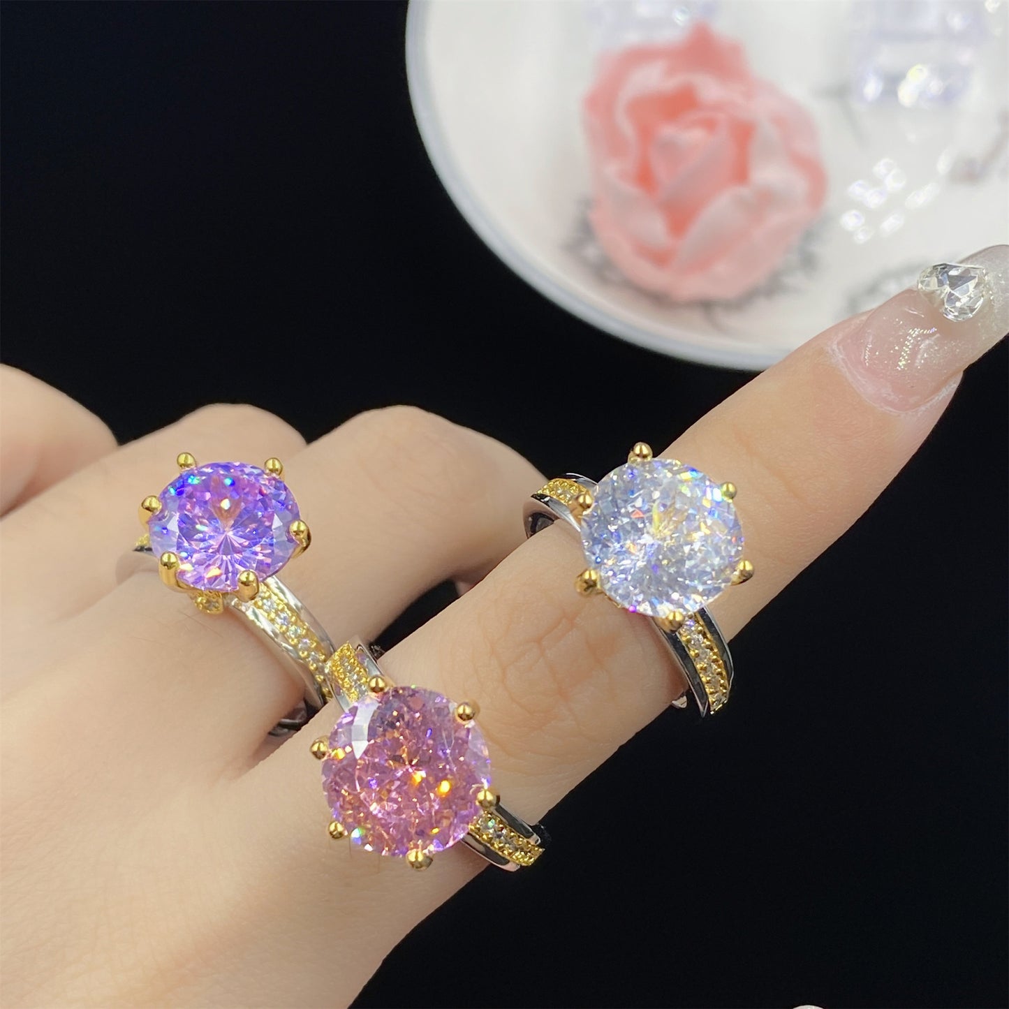 Two-color Electroplating Simple Temperament Spodumene Purple Pink White Rings