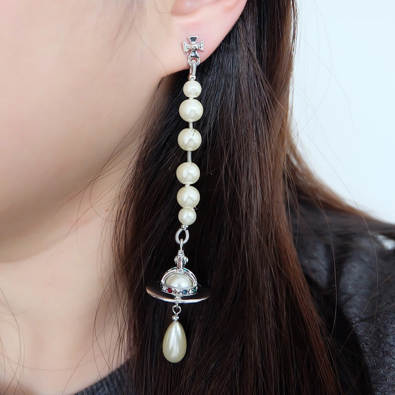 Women's Lettering Asymmetric Broken Pearl Three-dimensional Saturn Earrings