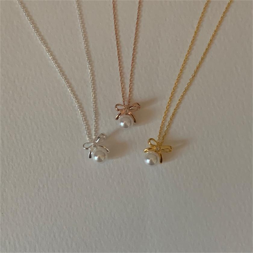 Korean Style Sterling Sier Bow Pearl Simple Necklaces