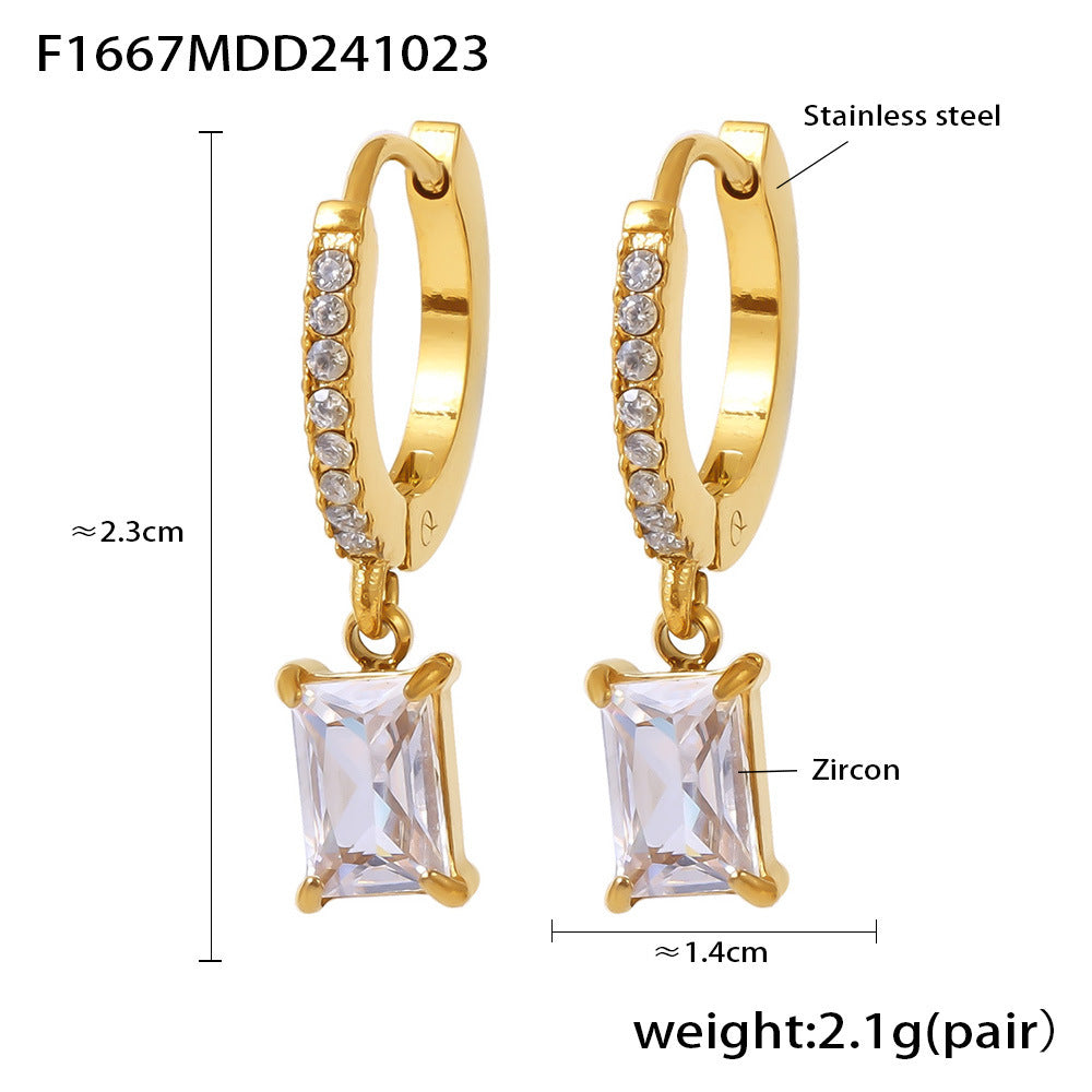 Light Luxury Square Zircon Stainless Steel Gold Plated Earrings