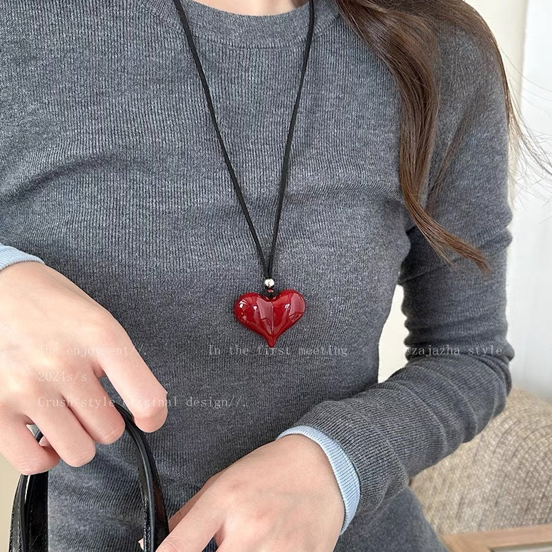 Women's Red Bow Minimalist Sweater Chain Minority Black Leather Necklaces