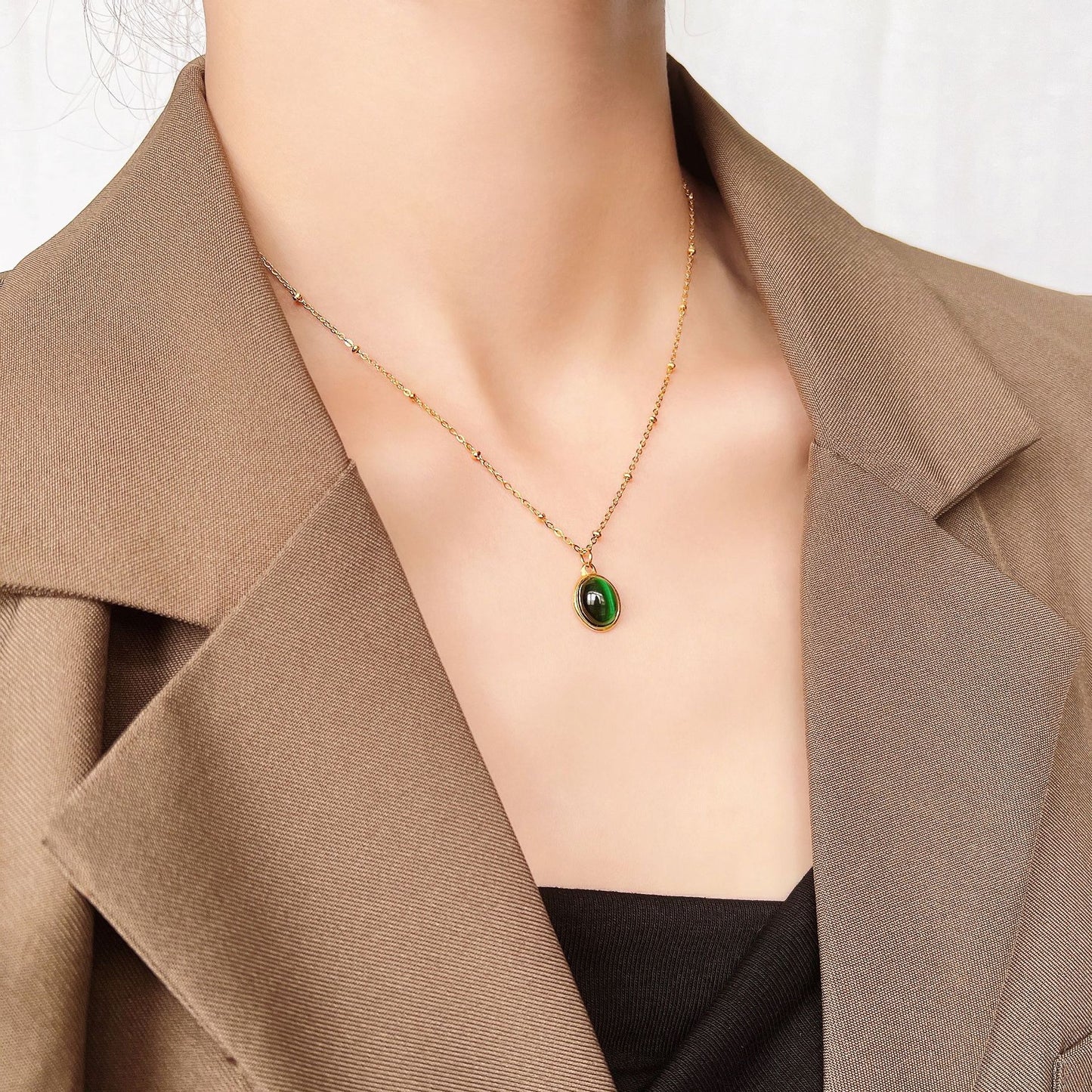 Women's Titanium Steel Gold Plated Blue Green Clavicle Chain Necklaces