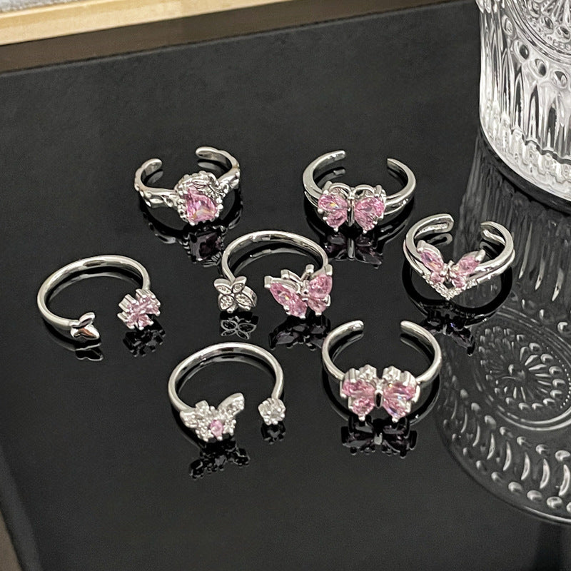 Sweet Cool Simple Graceful Pink Diamond Butterfly Opening Rings