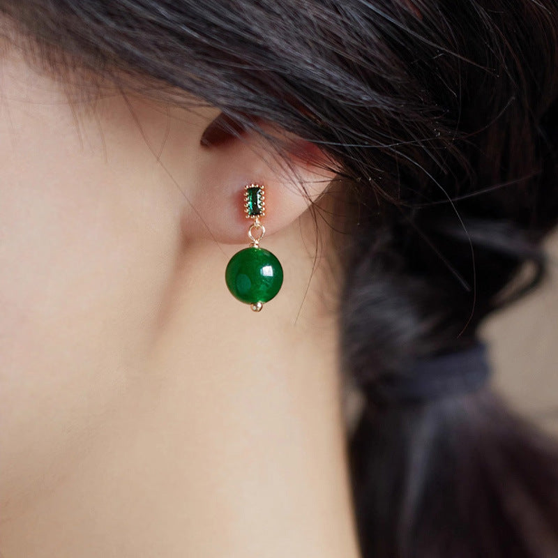 Chinese Emerald Chalcedony Light Luxury Minority Earrings