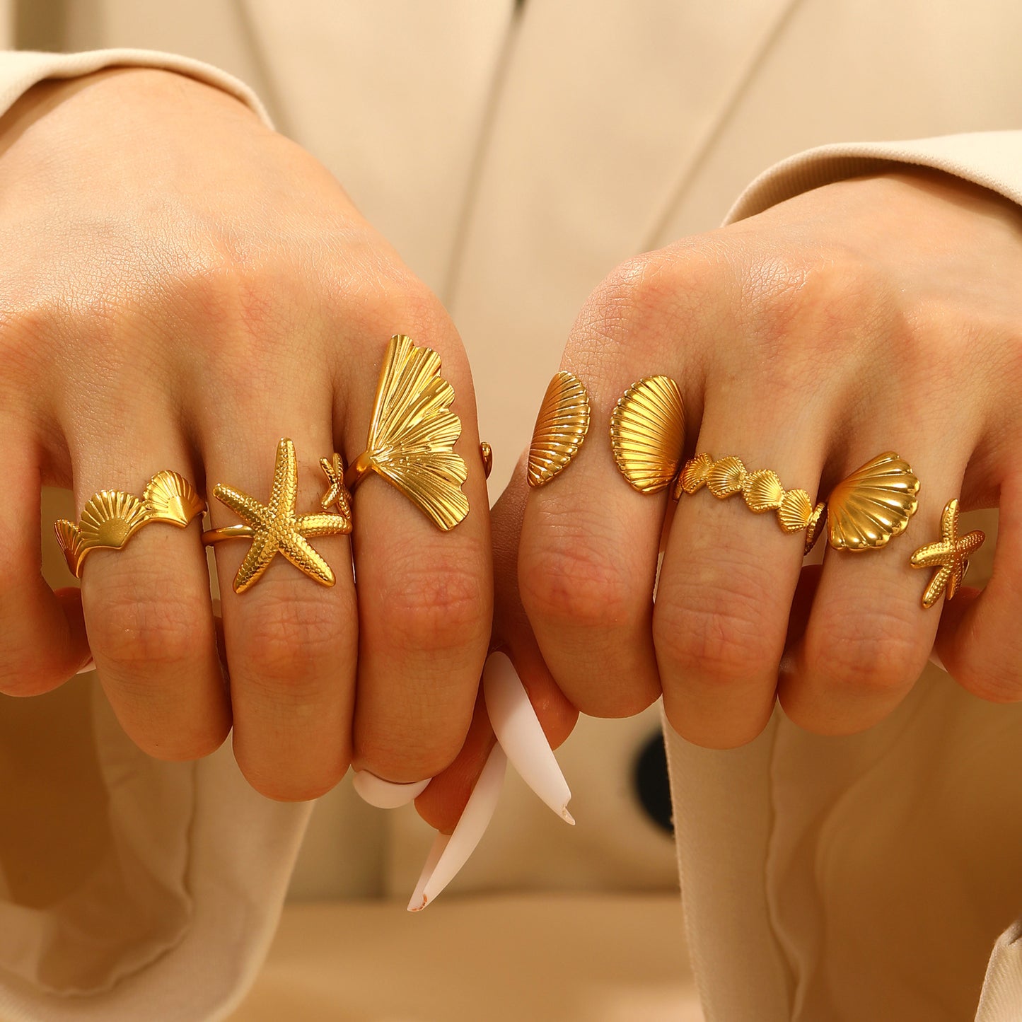 Female Starfish Sea Shell Ginkgo Leaf Ocean Rings