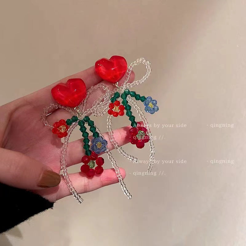 Women's Dopamine Beaded Flower Crystal Colored Glaze Earrings